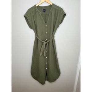 GAP Women's Button Front Midi Dress Olive‎ Green Belted Gauze Casual Summer S